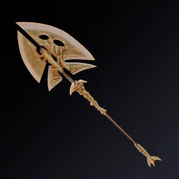 Intricately designed 3D game axe with fish motifs suitable for Blender 3D projects.