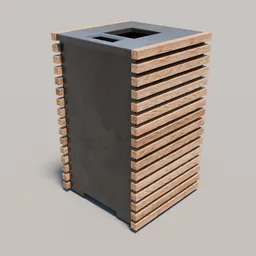 Detailed 3D rendering of a modern public wastebasket with wood slats optimized for Blender.
