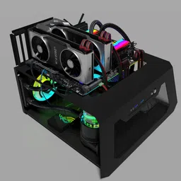 Detailed 3D model of a high-end computer test bench with dual RTX 2080ti GPUs and colorful RGB lighting for Blender.