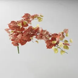 "Artificial tendril vine v1 3D model for Blender 3D - Nature Indoor category. Inspired by Rebecca Horn, this model features branches, twigs, red leaves, and fallen leaves in a vase. Created using Bagapia add-on and uses Geometry nodes."