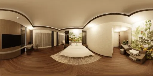 360-degree HDR of a modern hotel suite bedroom with white bed, sofa, wooden floor, and cozy lighting for scene illumination.