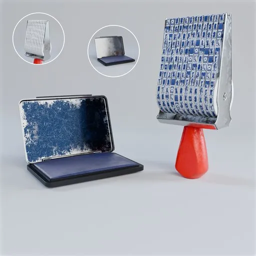Highly detailed 3D rotary stamp model with ink pad, clean/dirty textures for Blender rendering.