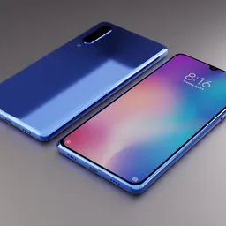 "Xiaomi Mi 9 SE 3D Model for Blender 3D - A close-up view of a blue and purple cellular phone on a table. Concept art in 8K resolution inspired by Gu Zhengyi and winner of a design award. Realistic textures included in this real-world scale model."