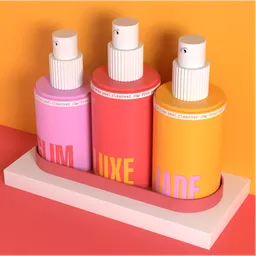 3D-rendered cosmetic bottles in vibrant colors with artistic shadowing, ideal for Blender mockups and creative projects.