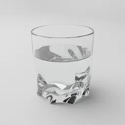 Realistic 3D-rendered glass half-filled with water, showcasing reflections and refractions, suitable for Blender projects.