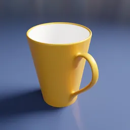 "Yellow coffee mug with handle on blue surface, photorealistic render. Ideal for Blender 3D modelling. Perfect for coffee enthusiasts and 3D artists. "