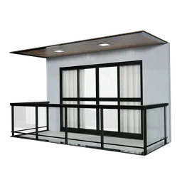 "3D model of a sleek, photorealistic building balcony with steel studs and wooden furniture, created in Blender 3D software. Features a large window, godray lighting, and a chiral lighting design. Perfect for adding to your Blender 3D scene."