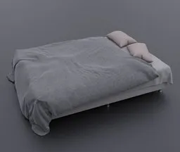 Realistic 3D model of a double bed with soft bedding and pillows for Blender rendering, adjustable for interior design.