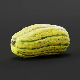 "Photoscanned Pumpkin Delicata Squash 3D model for Blender 3D software. This popular fruit and vegetable category model showcases a yellow and green squash depicted in a stunning 3D render on a dark background. Inspired by artists such as Albert Anker and Oswaldo Guayasamín, this 3D model is perfect for in-game use or any 3D rendering project."