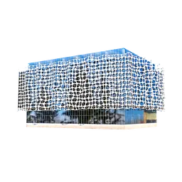 Abstract art gallery 3D model with glass facade and concrete pillars, designed for Blender with adjustable floor modifier.