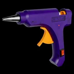 "CRV Glue Gun 3D Model - Handtool for Adhesive Needs. Purple and Yellow Hot Glue Gun, BlenderKit 3D Render Inspired by Bessie Wheeler and Carl Eugen Keel."