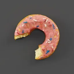 "Indulge in a delicious Bited Donute 3D model with pink icing and sprinkles, created by Scott Listfield and optimized with Blender 3D. Perfect for sweet desserts or app icons, this detailed model features detailed geometry and goldsrc effects. Scan and savor the sugary goodness on a grey surface, available for download on BlenderKit."
