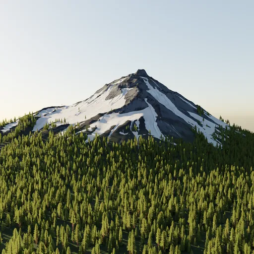 Realistic 3D snowy mountain peak with lush pine forest, suitable for creative scene rendering in Blender.