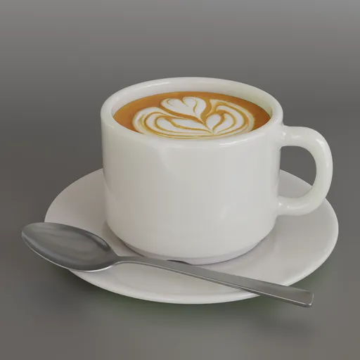 Realistic 3D rendered coffee cup with latte art, saucer, and spoon, created in Blender.