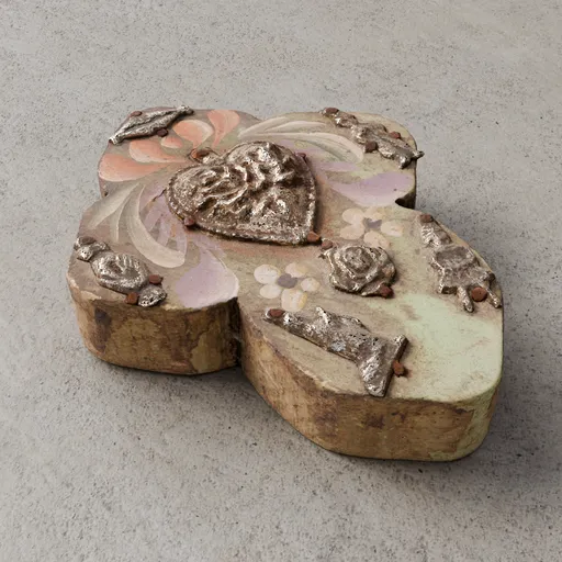 Detailed 3D scanned cross with heart, showing intricate textures and ancient design, compatible with Blender.