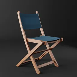 "Photorealistic wooden folding chair with blue seat, designed in Blender 3D and inspired by Mikhail Evstafiev. Rendered using the powerful Redshift renderer and featuring intricate, detailed craftsmanship. Perfect for any 3D project in need of a realistic seating option."