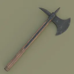 Alt text: "Tabar, a historic military wooden axe with a metal handle in Blender 3D. Ork-inspired design with PBR texture and high detail face. Perfect for 3D modeling and game design projects."