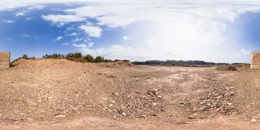 High-resolution image of a stony field with blue skies and fluffy clouds perfect for realistic lighting in 3D scenes.