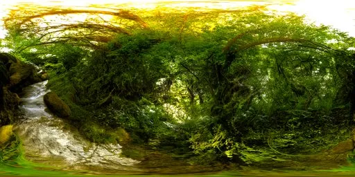 Spherical HDRI panorama of serene woodland waterway with sunlight piercing through lush foliage, ideal for realistic scene lighting.