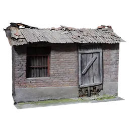 Highly detailed 8K texture old brick building 3D model with a weathered wooden door and tiled roof, ideal for Blender rendering.
