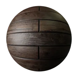 High-resolution 2K dark wooden planks PBR texture with detailed knots and realistic displacement for 3D flooring.