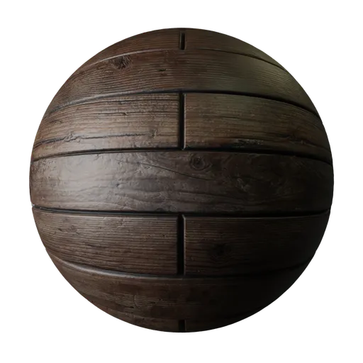 High-resolution 2K dark wooden planks PBR texture with detailed knots and realistic displacement for 3D flooring.