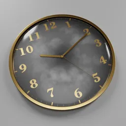 3D rendered model of a sophisticated gold-rimmed clock with adjustable hands and a cloudy gray face for Blender users.