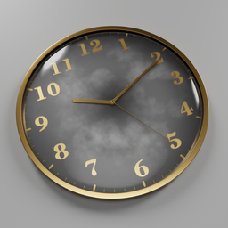 "Golden clock with detachable hands for customizable timekeeping, rendered with hyperrealistic textures and volumetric clouds on a gray background. Perfect 3D model for Blender 3D design enthusiasts searching for a timeless piece."