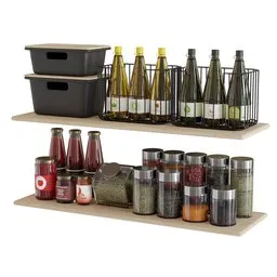 "Kitchen accessories: A sleek and organized composition featuring bottles of wine and jars of spices on shelves. Designed with a waterproof, stainless steel finish, this high-quality 3D model can be used in Blender 3D for various projects. Perfect for creating a realistic kitchen environment, inspired by IKEA's wiry storage designs and suitable for military storage crate scenes. "
