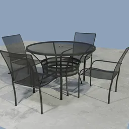 "Metal mesh seating and table top patio furniture set in Blender 3D - outdoor furniture category. Includes a table and chairs with a grey concrete background. Model created by Fred Mitchell."