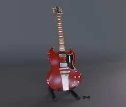 Highly detailed red electric guitar 3D model, perfect for Blender rendering and animation projects.