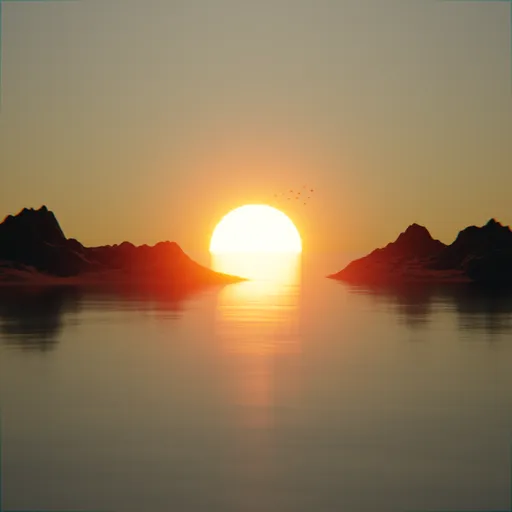 3D-rendered tranquil sunset with reflective water, silhouetted mountains, and flying birds.