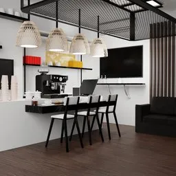 Detailed 3D model of a modern coffee bar room with furniture and decorations, ideal for Blender rendering.