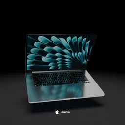 Detailed 3D model of a silver MacBook Air with screen graphics, ideal for Blender 3D projects.