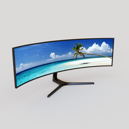 "Super ultra wide dual-QHD 32:9 gaming monitor 3D model for Blender 3D software. Close up view of a curved monitor on a stand, with a beach background, lens flares and split screen effect. Perfect for video and gaming projects."