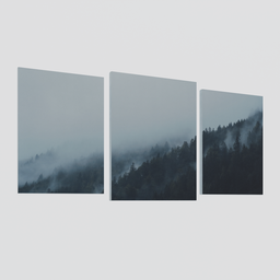 "Set of three realistic paintings depicting a foggy forest and mountainside, created with Blender 3D. Perfect for interior design on walls and windows. Trending on Artstation and Apple Design."