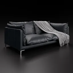Realistic 3D model of a leather sofa with cushions and a throw blanket, compatible with Blender, customizable for interior design.