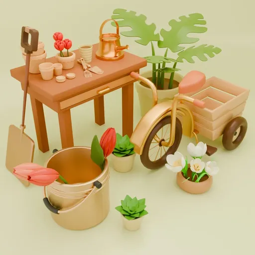 Detailed Blender 3D model showcasing a quaint greenhouse interior with a table of plants, pots, a vintage tricycle, and gardening tools.