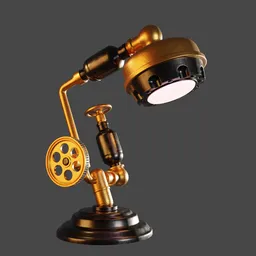 "Vintage laboratory lamp model for Blender 3D - gold and black color scheme with clamp shell lighting. Perfect for decoration and retro-themed designs."