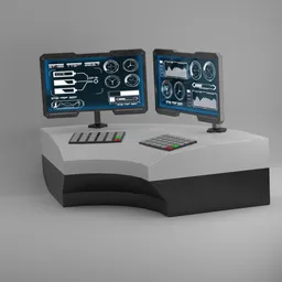 "Scifi Modular Table Corner Display featuring dual monitors and industrial machinery control panels, rendered in Blender 3D. Inspired by Robert Goodnough, this stylized design boasts a closed visor and shield with graph signals and UI cards."