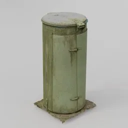 Photorealistic 3D green metal bin with blue bag, 8K texture, 20K poly, perfect for Blender urban scenes.