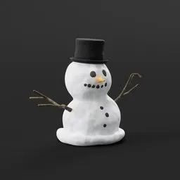 3D snowman model with top hat and branch arms for Blender animation or festive scene rendering.