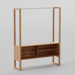 "Discover our 3D model for Blender 3D of a Clothes Hanger Cabinet, with a wooden shelf, glass shelf and curved body. This cabinet measures 140x40x180 and is perfect for any shelving category needs."