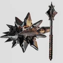 "Metal and wooden weapon with spikes rendered in 3D using Blender 3D software. Giant thorns and hammers adorn the unique design, with black tar particles and crystallized blood adding to its menacing appearance for high damage use. Inspired by the official Helltaker product image."