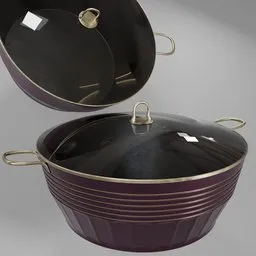 3D rendered kitchen pot with lid, detailed texture, ideal for Blender 3D scenes, downloadable cookware model.