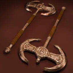 Detailed 3D-rendered fantasy greataxe with intricate designs and worn leather grip suitable for Blender modeling.