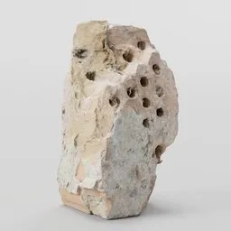"Façade element 3D model for Blender 3D: Broken brick with holes, inspired by crumbling ancient skyscrapers and Charlotte Nasmyth's wall wood fortress. Created using Photoscan and modeled in Blender 3D."
