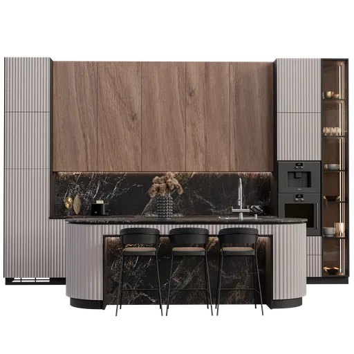 Detailed 3D model of a modern kitchen with marble accents, created in Blender featuring cycles render, available in .blend format.