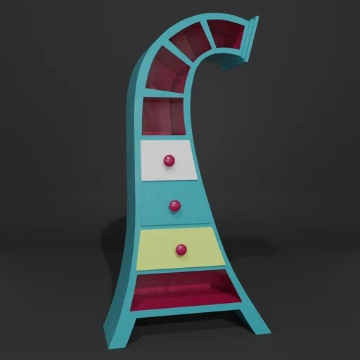 Colorful curved Blender 3D model cabinet with three drawers and open shelves for hall interiors.