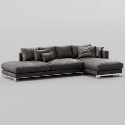 "A luxurious corner leather sofa with metal legs and pillows on a gray background, rendered in monochrome 3D with Blender 3D software. Perfect for home interior visualization or architectural projects."